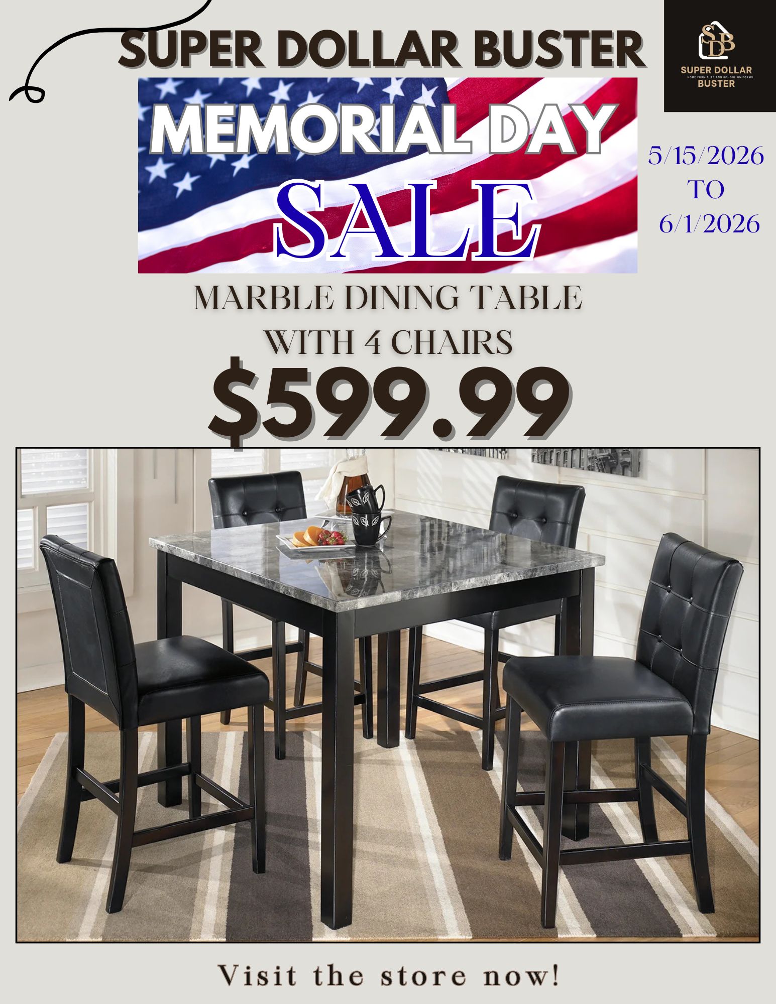 Memorial Day Sale — Marble Dining Table with 4 Chairs $599.99