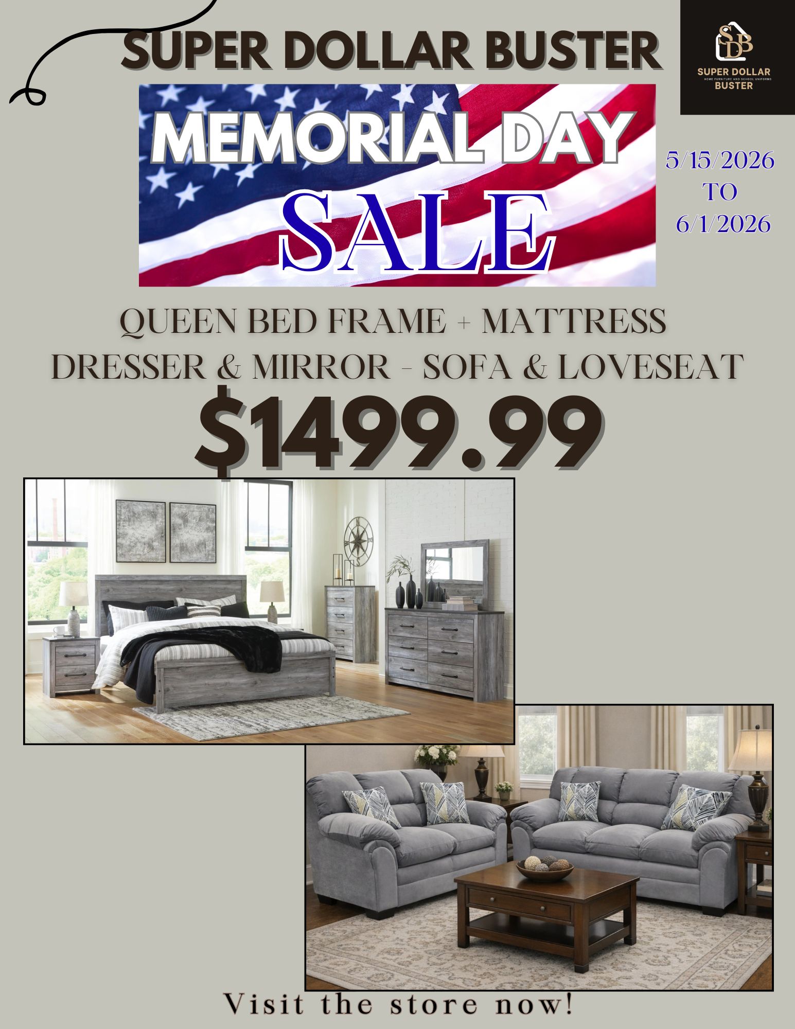 Memorial Day Sale — Queen Bed + Sofa Package $1,499.99 (Gray)