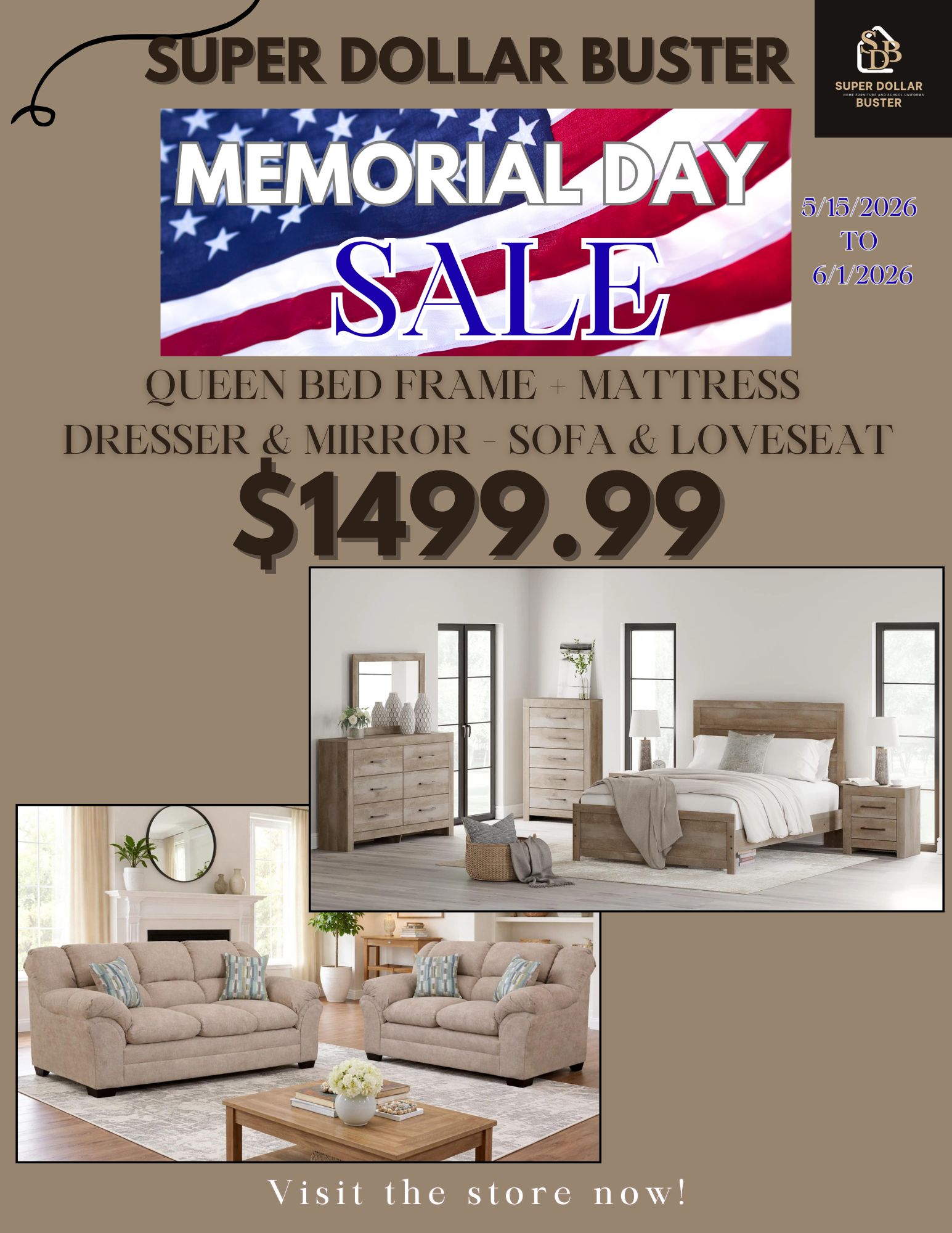 Memorial Day Sale — Queen Bed + Sofa Package $1,499.99 (Beige)