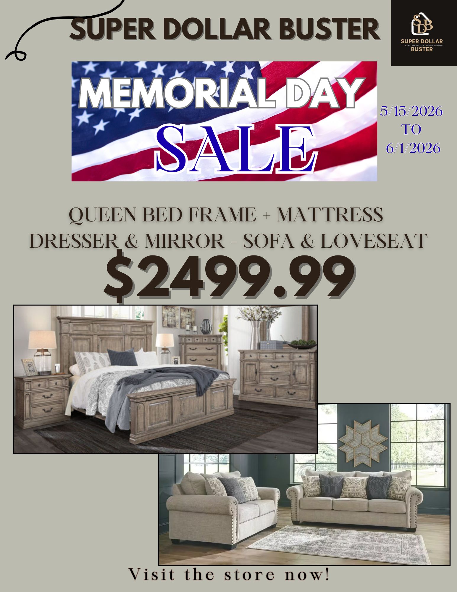 Memorial Day Sale — Queen Bed + Sofa Package $2,499.99