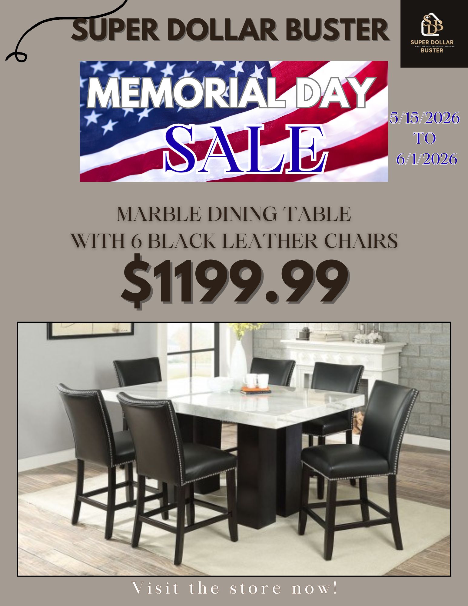Memorial Day Sale — Marble Dining Table with 6 Chairs $1,199.99